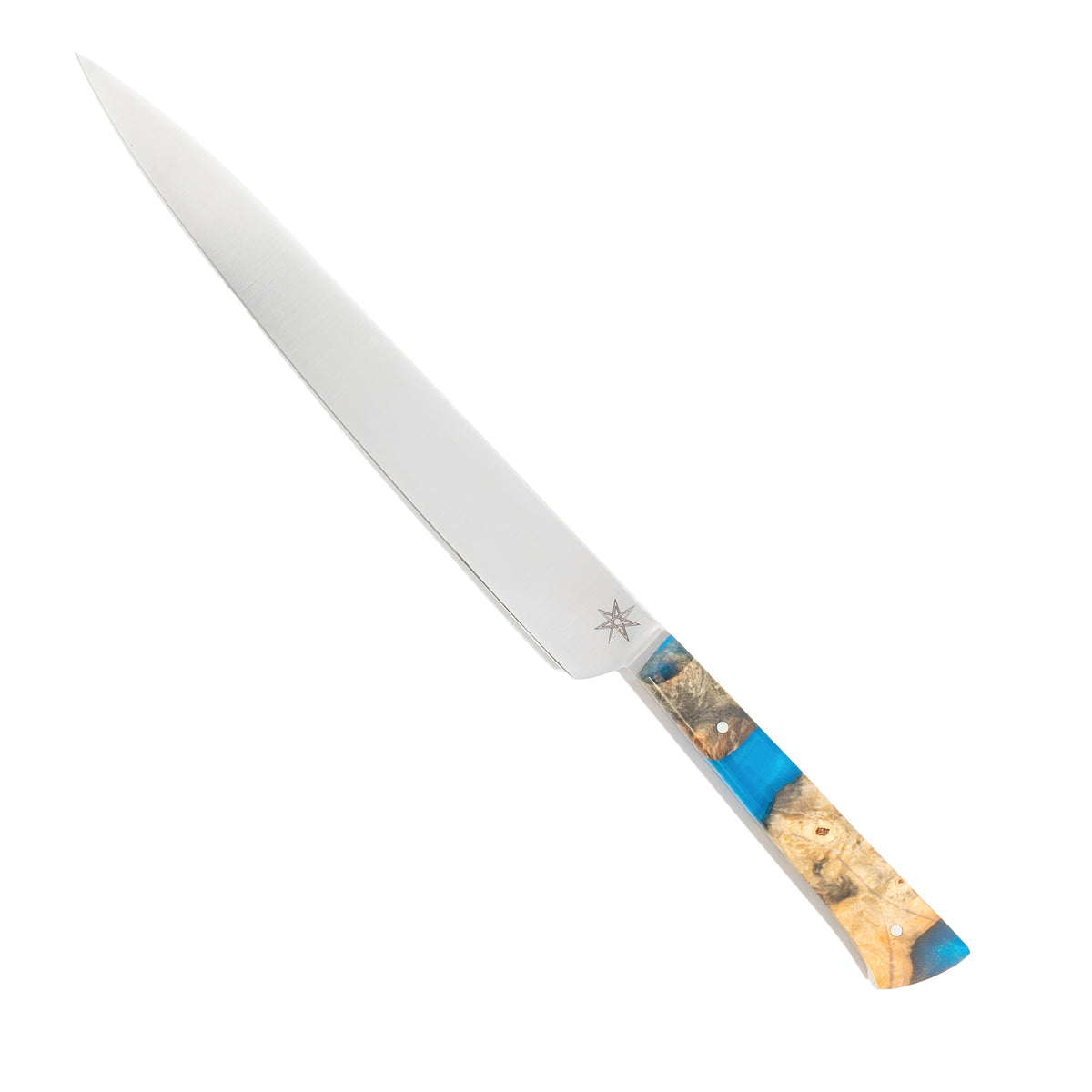 Town Cutler Tahoe Bliss Slicer Carving Knife. Nitro-V stainless steel blade with blue and buckeye burl handle.